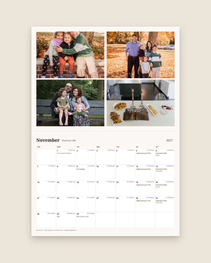 November page with a two-by-two grid of family and Shabbat photos above the month grid