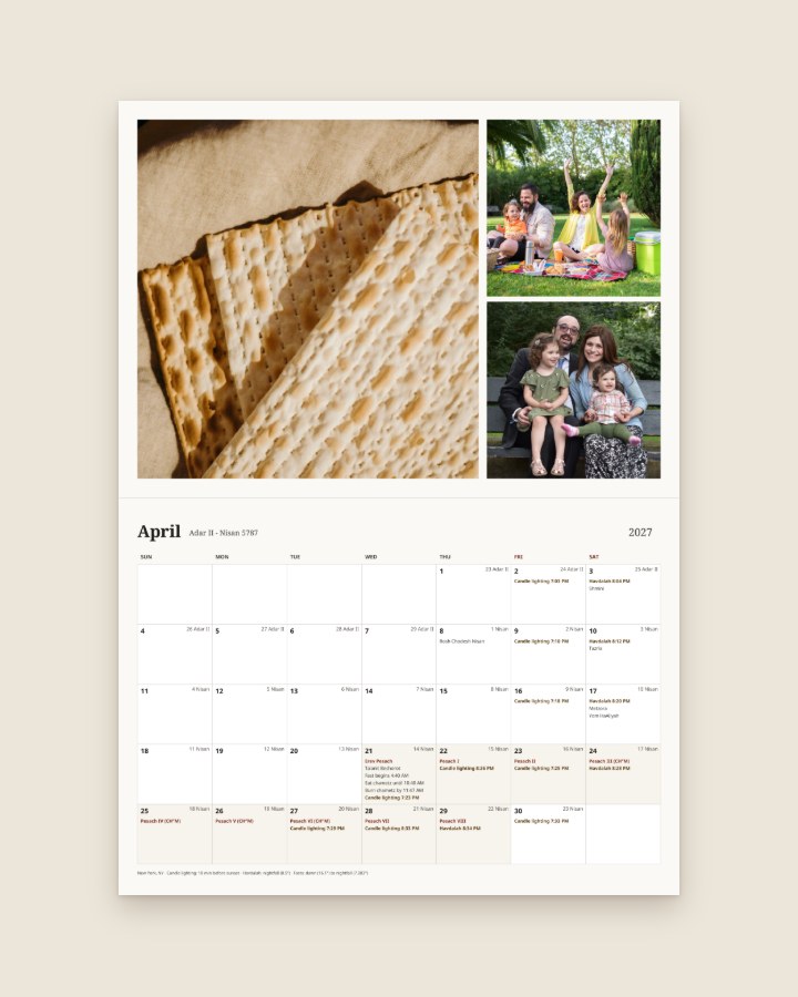 April page with a large photo of matzah and two smaller family photos above the month grid, with Passover marked