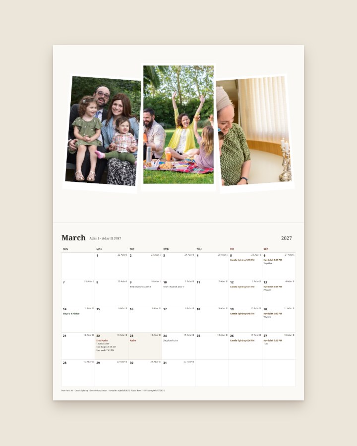 March page with three polaroid-style family photos above the month grid