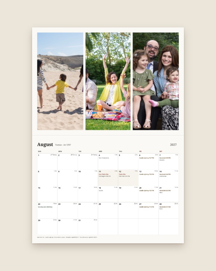 August page with three side-by-side family photos above the month grid