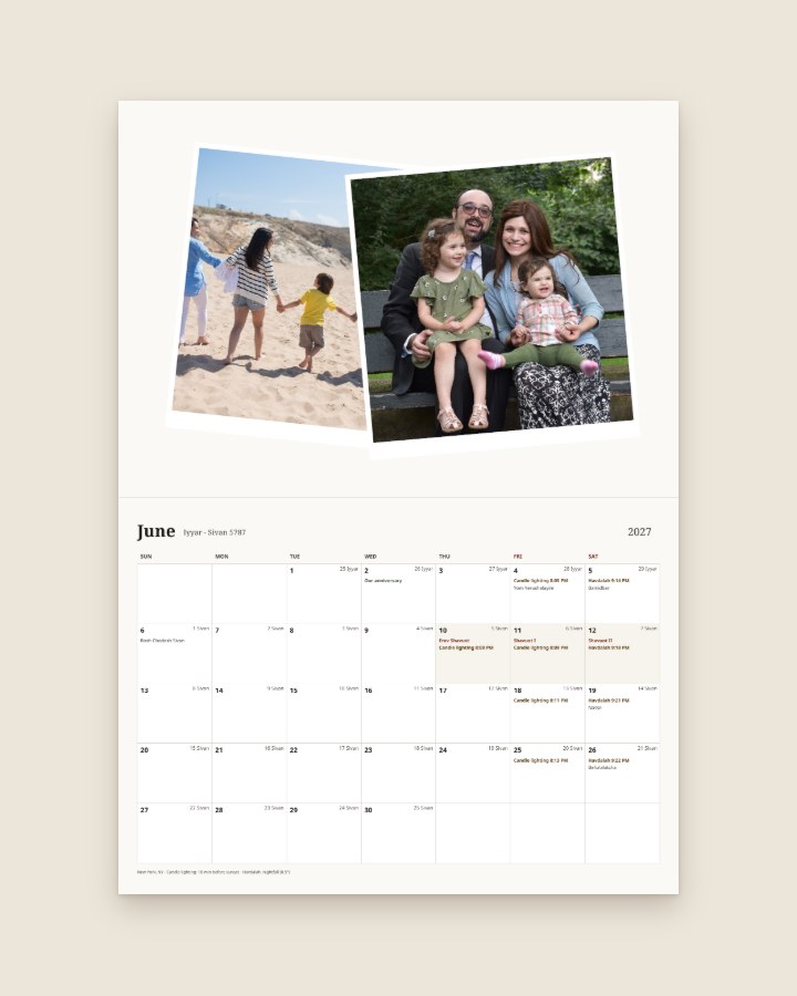 June page with two tilted photos, a family at the beach and on a park bench, above the month grid