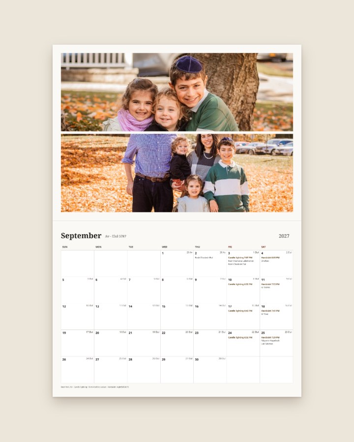 September page with two stacked wide family photos above the month grid