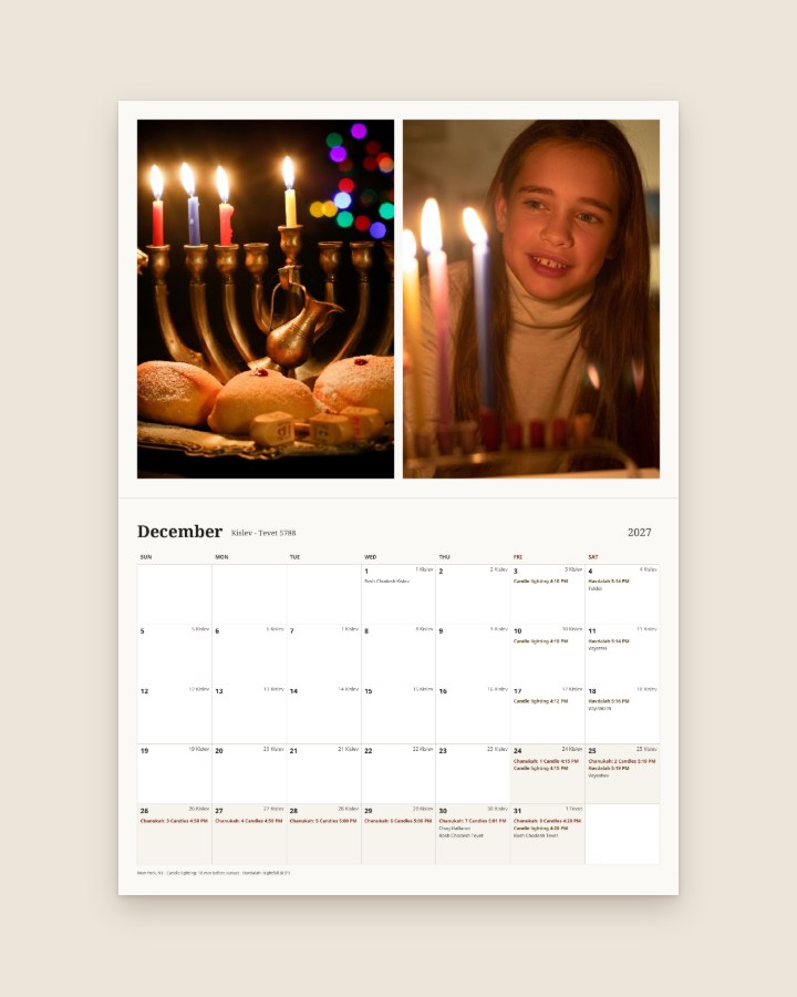 December page with two side-by-side Hanukkah photos above the month grid