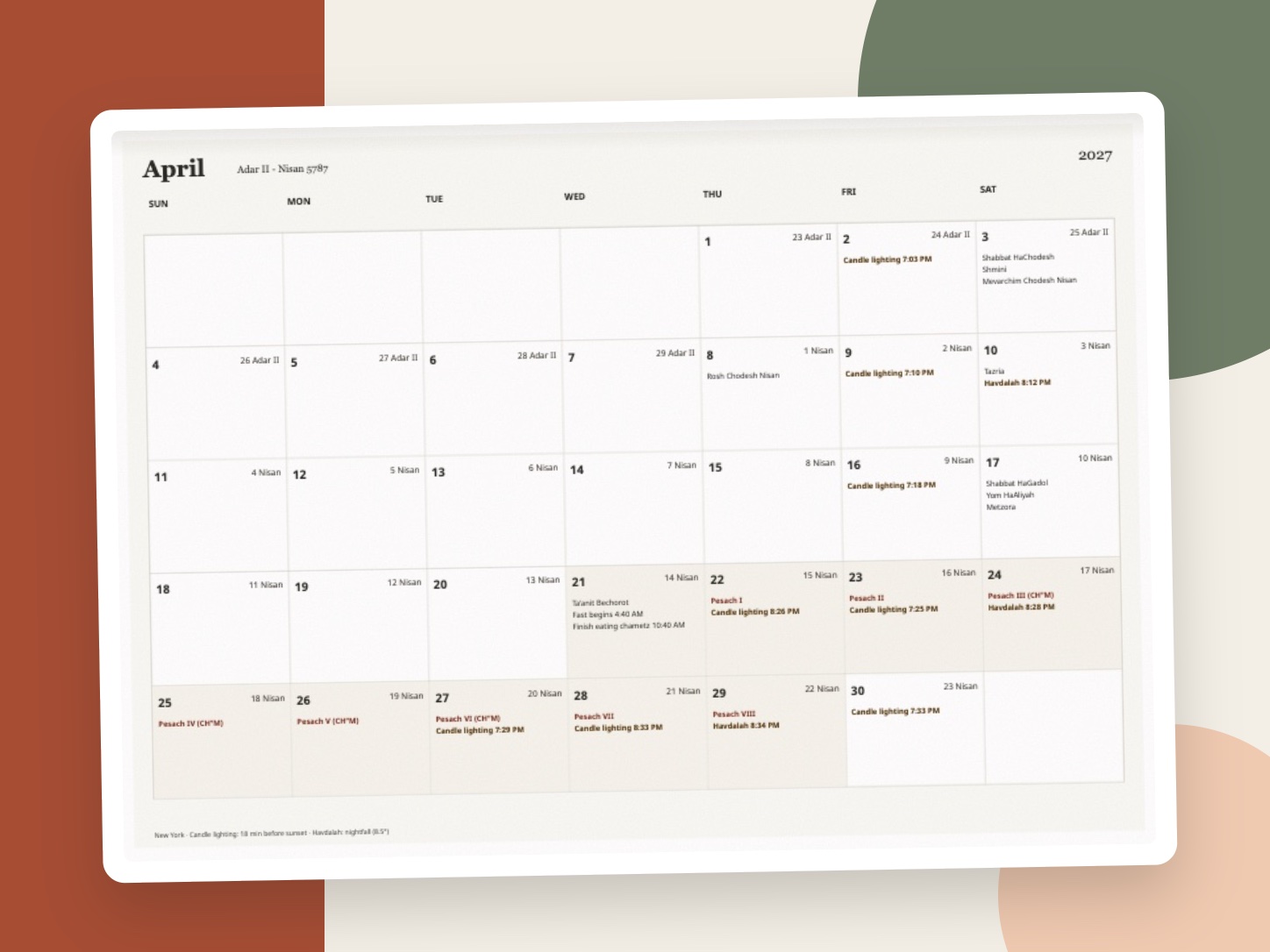An actual April Jewish calendar page framed by terracotta, sage, and apricot shapes