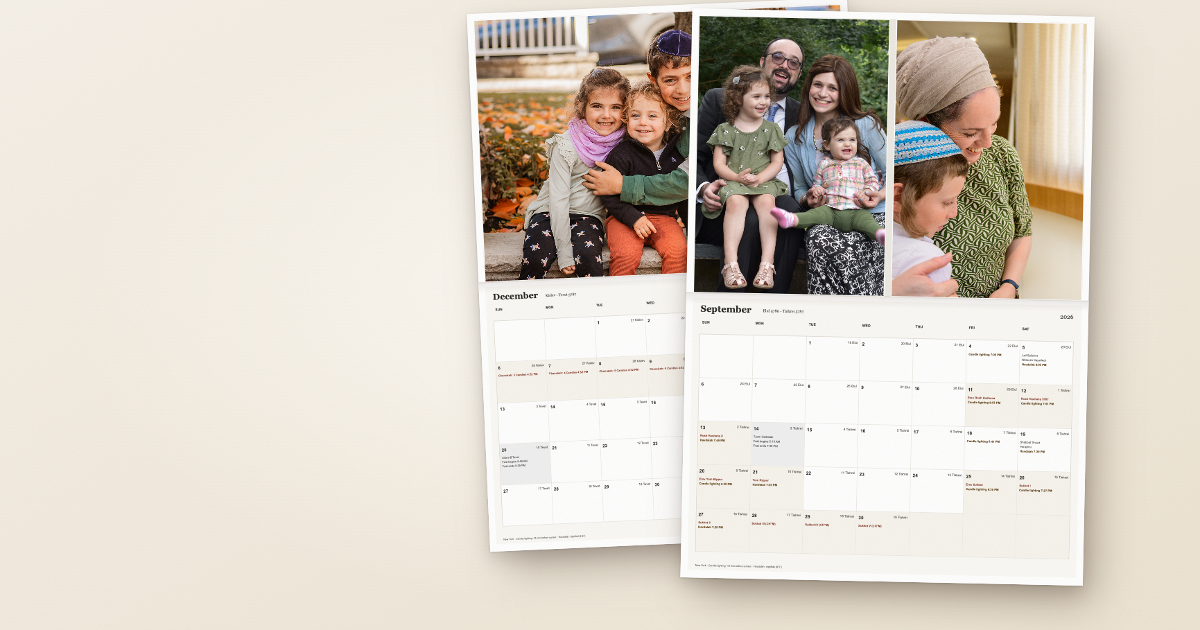 An open printed calendar with family photos above a monthly grid