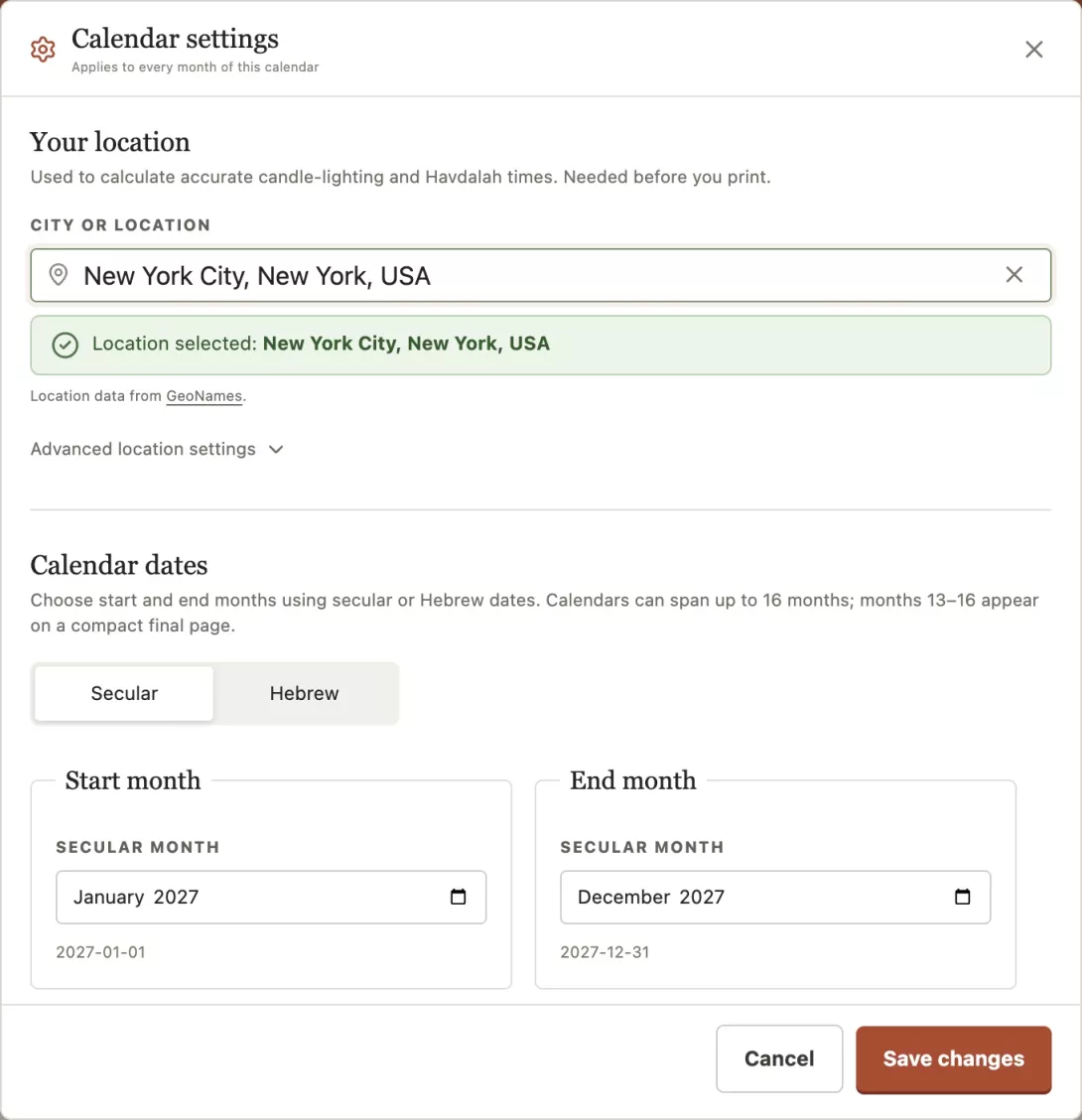 Calendar settings: New York City chosen as the location for candle-lighting and Havdalah times, and the calendar running January to December 2027 in secular dates