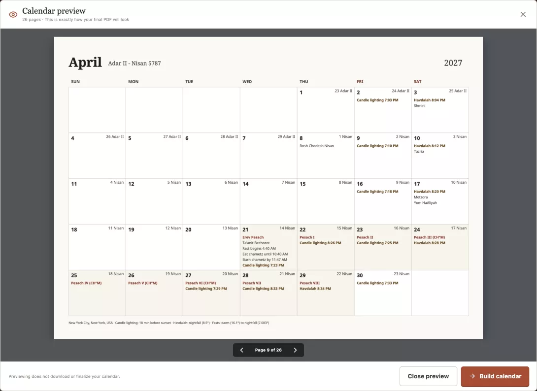 The calendar preview showing the April 2027 page with Pesach and New York candle-lighting and Havdalah times