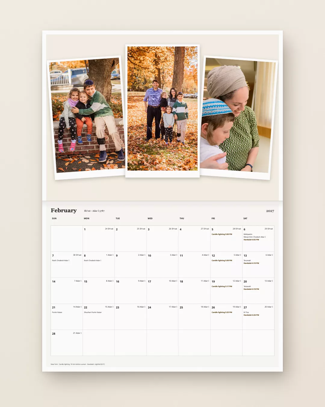 My Custom Jewish Calendar example — 2027 02 polaroidStrip